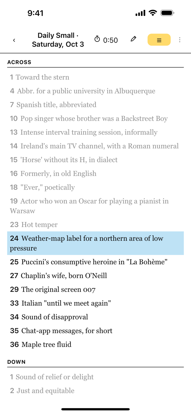 Ultimate Crossword's clue list during a daily puzzle