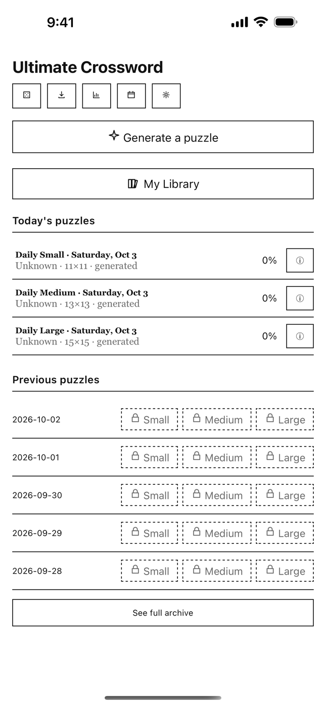 Ultimate Crossword's home screen, listing today's Small, Medium and Large daily puzzles